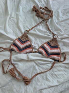 aerie Crochet Triangle Bikini Top - Brown, Pink, Navy, Cream